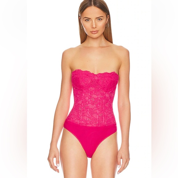 Bardot Oskar bodysuit hot pink Lace bustier top corset Revolve NWT S